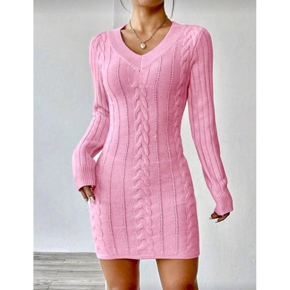 ❌SOLD❌Pink Sexy Bodycon Knit Sweater Dress Women's Small Casual Slim Long Sleeve - Picture 3 of 4